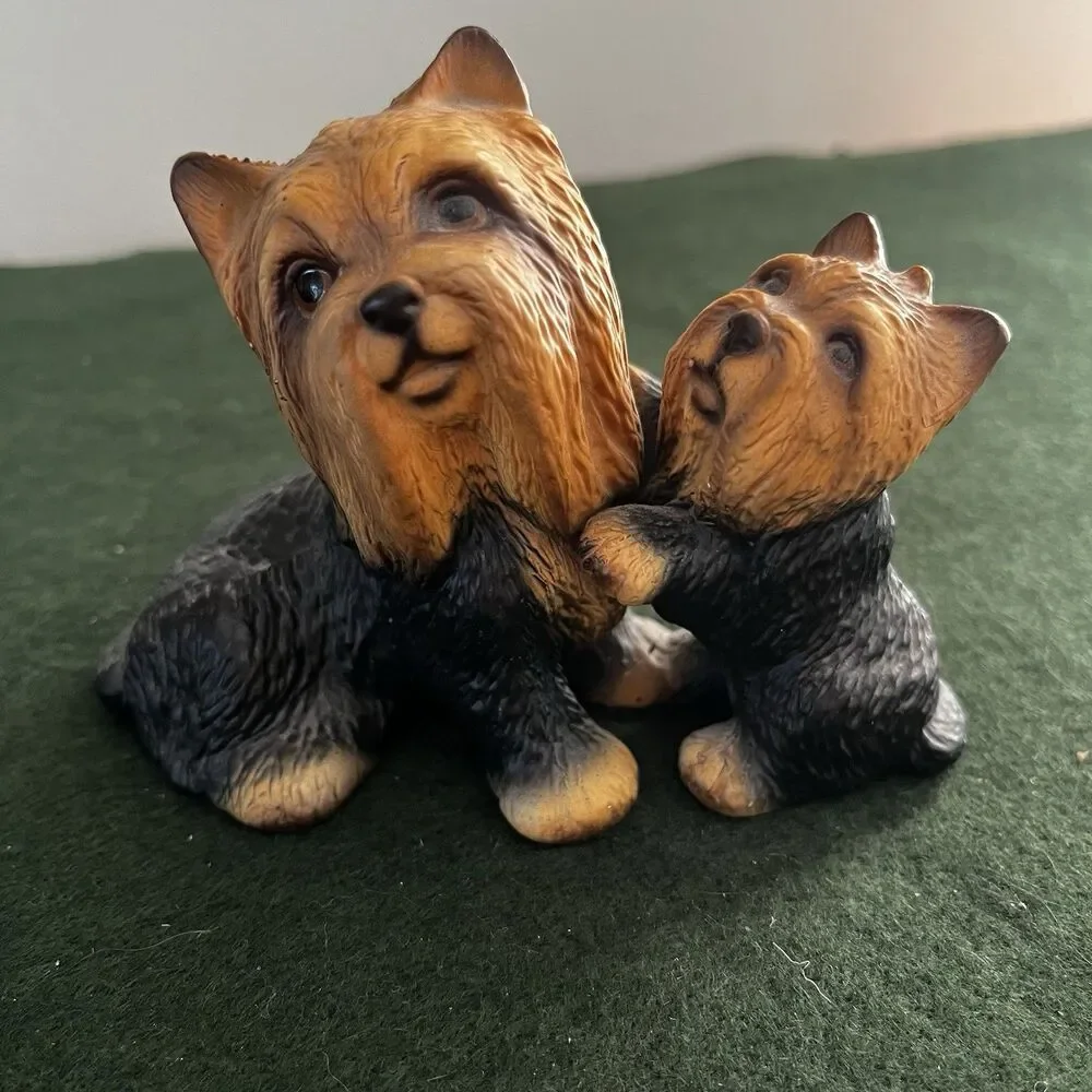 Vintage Yorkshire Terrier Dog With Playful Puppy Porcelain Figurine Japan